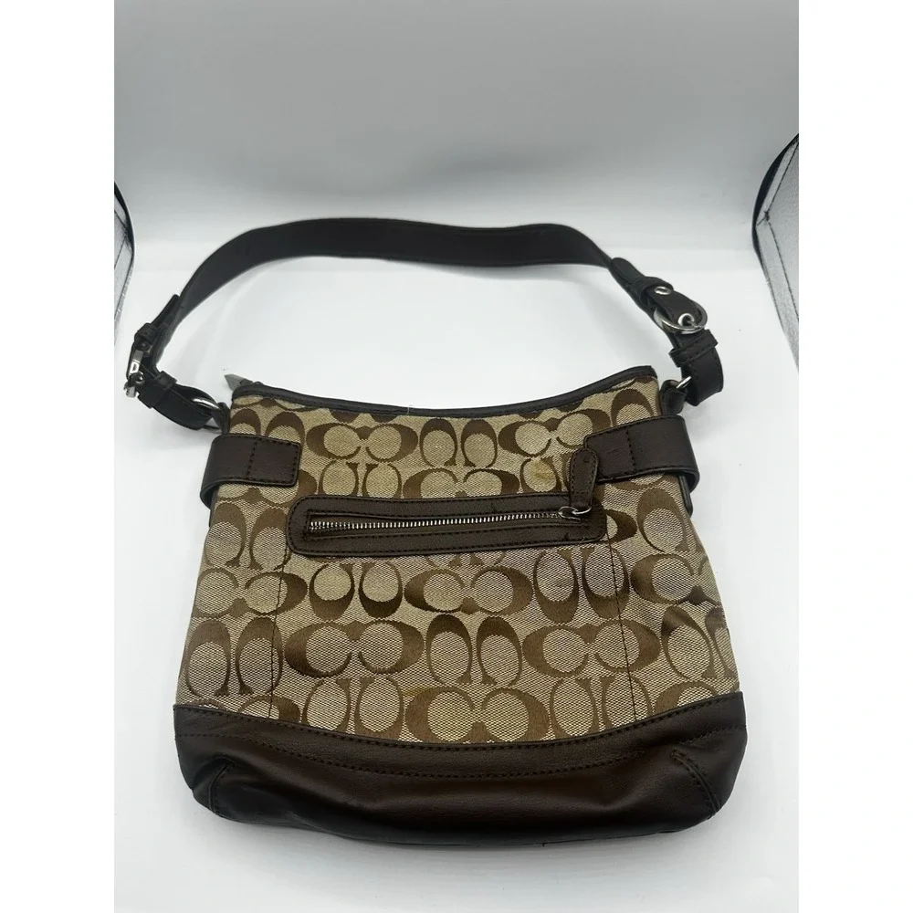 Coach Signature Soho Hobo Shoulder Bag Brown Khaki Canvas Leather Buckle Trim 14